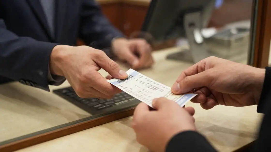 An einer Kassa wird über den Tresen einem Kunden ein Ticket oder eine Eintrittskarte übergeben.