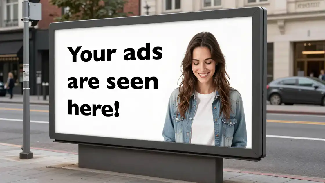 A roadside billboard in a city displaying an advertisement. The poster features only text and an image of a woman with long brown hair. The text is in English.
