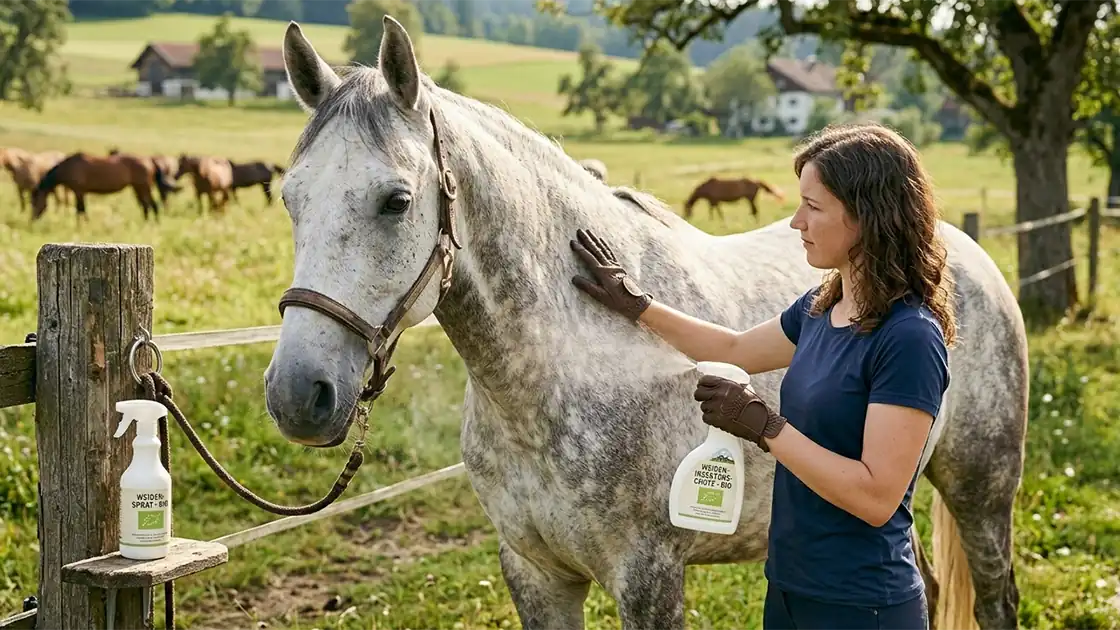 Eine Frau mit langen braunen Haaren steht im Bild rechts neben einem Pferd auf einer Weide. Das Pferd ist ein Schimmel. Es ist mit einer Schnur am Halfter an einem Holzpfosten angebunden. Die Frau streichelt mit der Hand über den Hals des Pferdes und hat in der anderen Hand eine Sprühflasche mit Insektenschutz, den Sie am Pferd aufträgt. Eine weitere Flasche Insektenspray steht auf einer kleinen Holzablage neben dem Pferd links im Bild. Hinter dem Pferds sieht man noch eine Weide mit einigen weiteren Pferden und Bäumen sowie ein entferntes Haus.