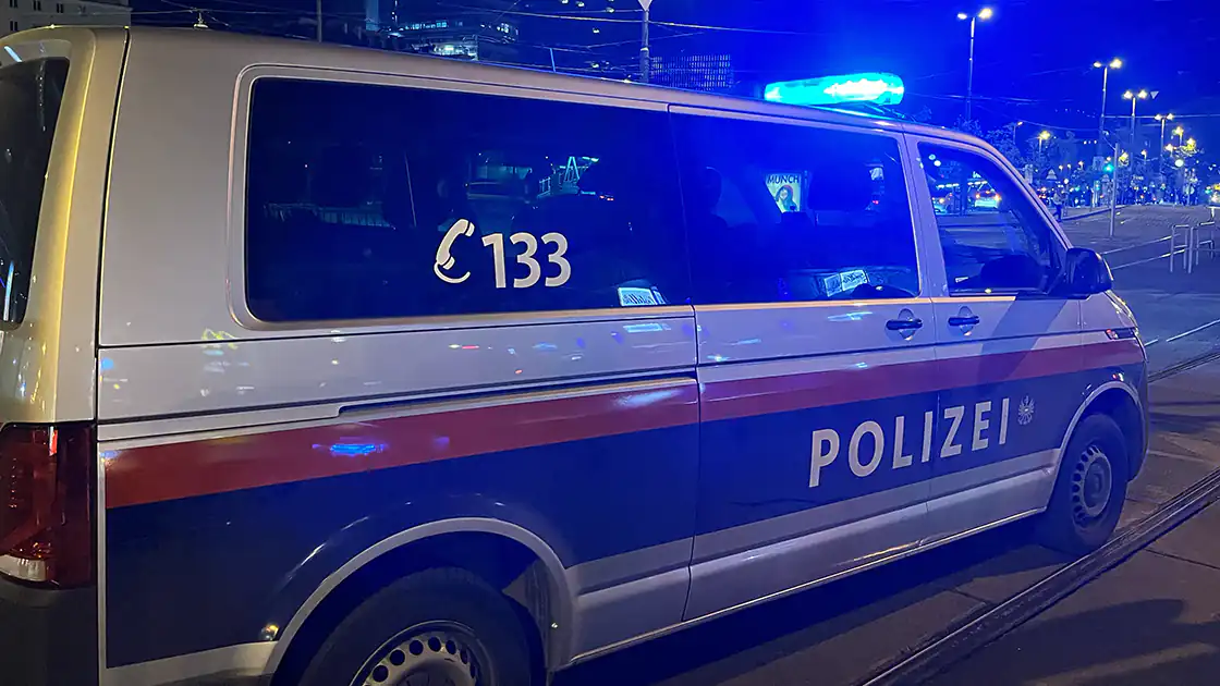 In Mannschaftswagen der Polizei im örtlichen Gebiet ist am Abend zu sehen. Beim Polizeiwagen sieht man die Reflektoren und das oben angebrachte Blaulicht.