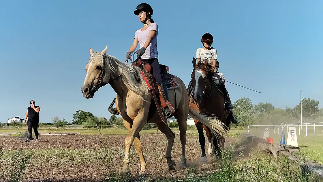 Eine Reitstunde am Reitplatz wird mit mehreren Pferden abehalten. Das Bild zeigt den Reitunterricht aus der Froschperspektive. Man sieht eine Reiterin an der Kamera vorbei reiten und eine dahinter reitende Person direkt auf die Kamera zureiten. Im Hintergrund auf der linken Bildseite ist eine Reitlehrerin auf dem Reitplatz in dunkler Kleidung zu sehen.