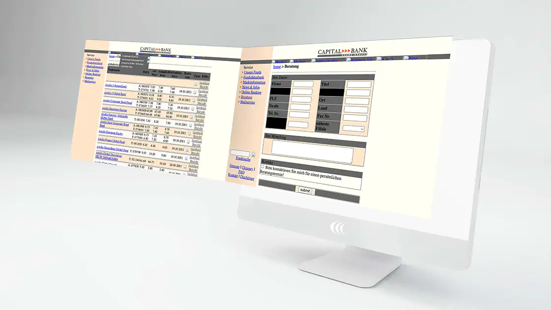 Bildmontage mit der Homepage der Capital Bank AG aus dem Jahr 2001