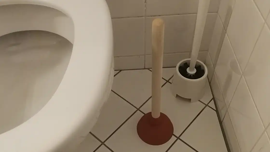 Eine Toilette mit einem Klobesen in einem Badezimmer ist hier abgebildet.