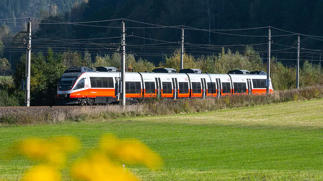 Ein Regionalzug fährt durch eine Landschaft, die von Bäumen und Wiesen gesäumt ist. Der Zug ist ein roter Triebwagenzug mit weißem Dach. Er wird elektrisch betrieben, darum stehen Masten neben der Bahnstrecke an denen die Stromleitung befestigt ist.