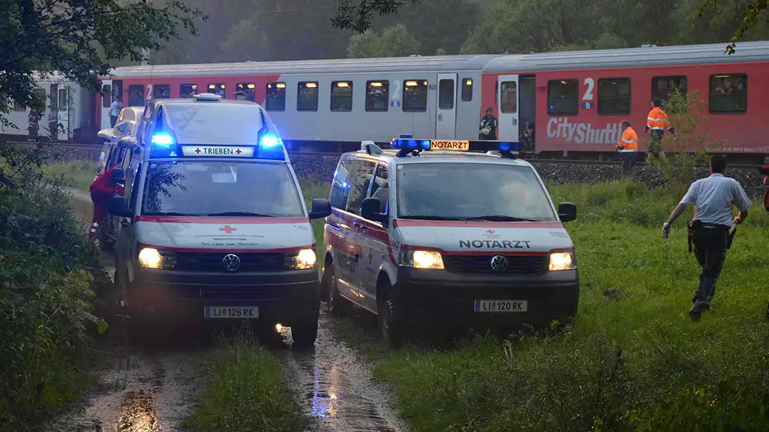 Auf dem Bild ist zum Thema Unfall mit einer Eisenbahn / Zuggarnitur ein Einsatz der Rettung zu sehen. Im Vordergrund die Rettungsautos und im Hintergrund die Eisenbahngarnitur. Daher haben wir dieses Symbolbild ausgewählt.