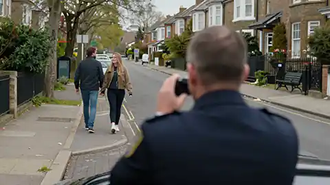 Ein Privatdetektiv ist im Vordergrund des Bildes dabei zu sehen, wie er ein Pärchen fotografiert, das auf einer Straße in einer Stadt oder einem Dorf händchenhaltend spaziert. Die Frau steht in Blickrichtung des Privatdetektivs, der Mann hat ihm den Rücken zugedreht. Möglicherweise wird hier ein potentieller Ehebruch untersucht.