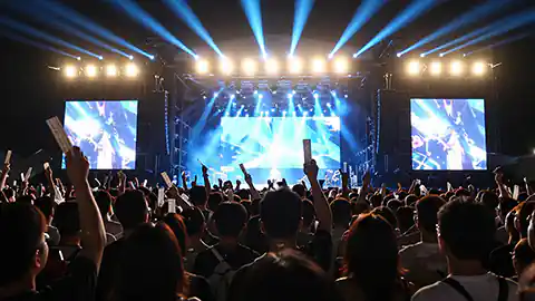 In der Nacht ist ein großes Konzert zu sehen. Viele Menschen stehen vor einer großen Bühne mit einer spektakulären Lichtshow und großen Bildschirmen.