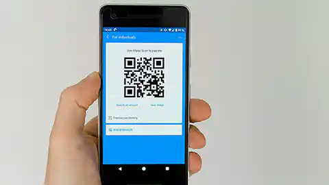 Smartphone das von einer linken Hand gehalten wird und gerade einen QR-Code gescannt hat.