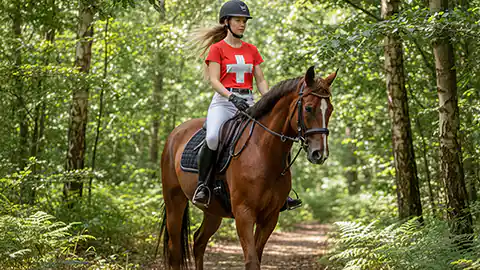 Durch einen Wald reitet eine Reiterin mit ihrem Pferd. Die Reiterin hat einen schwarzen Reithelm auf, lange braune Haare. Das Pferd ist hellbraun. Im Hintergrund ist nur der Wald und die Bäume zu sehen. Die Reiterin trägt ein T-Shirt auf dem die Flagge der Schweiz abgebildet ist.