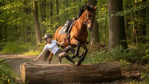 Bei diesem Reitunfall ist zu sehen, wie eine Reiterin gerade von ihrem Pferd herunterstürzt. Die Stelle an der der Unfall passiert ist auf einem Waldweg, wo in der Mitte ein großer Baumstamm liegt, den das Pferd offenbar überspringen will. Die Reiterin fällt neben dem Pferd herunter und ist noch in der Luft, wird aber auf den Baumstamm fallen. Solche Reitunfälle können schwere Verletzungen nach sich ziehen. Die Reiterin ist mit einem Reithelm ausgestattet und hat ein weißes T-Shirt an. Das Pferd ist braun und trägt einen dunkelbraunen Sattel.