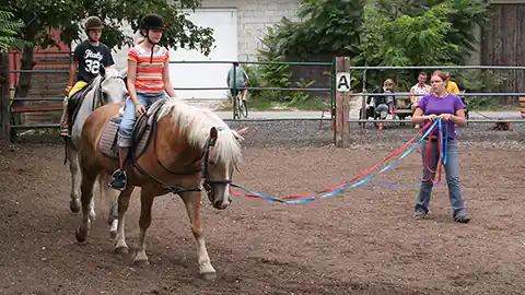 Auf einem Reitplatz mit braunem Hackschnitzel-Boden findet Reitunterricht statt. Eine Reitlehrerin steht in der Mitte mit zwei Longe-Seilen und rund um sie kreisen zwei Pferde mit Reitern auf dem Rücken. Dei beiden Reiter haben Freizeitkleidung. Im Hintergrund ist die Umzäunung des Reitplatzes zu sehen wo einige Menschen sitzen und beim Reitunterricht zusehen.